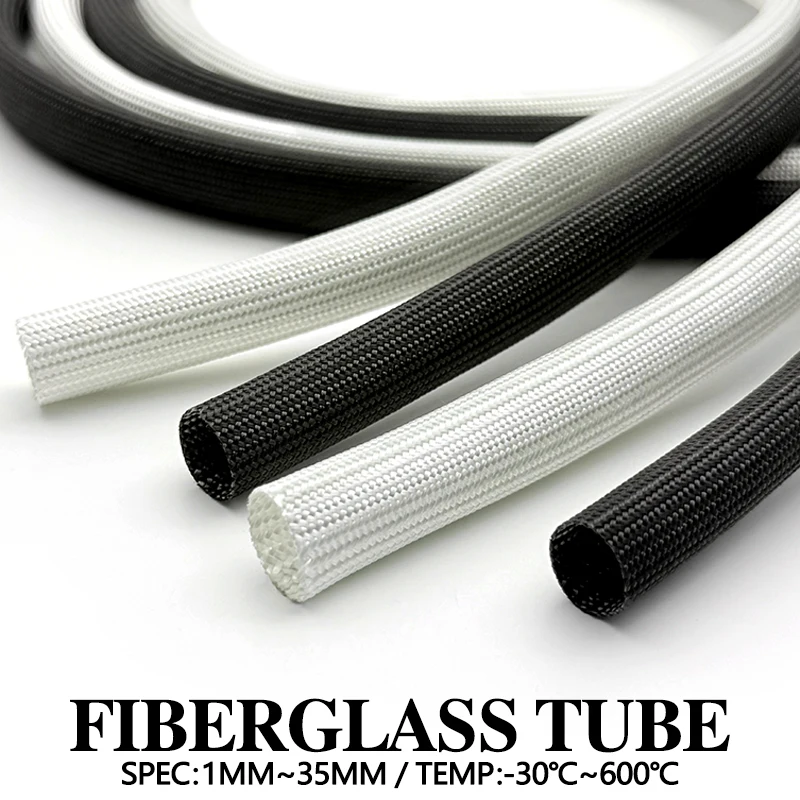 Industrial 600 Deg.C Fiberglass Braided Tubing Black white 10-200M Flame Retardant High Heat Circuit Cable Sleeve ID 1/2/3-10mm