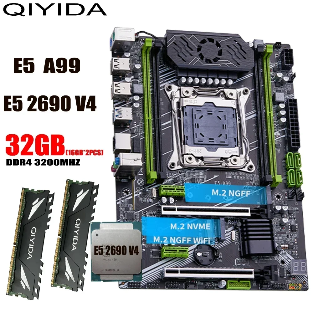 Qiyida X99 Moederbord Set Lga 2011-3 Xeon E5 2690 V4 Cpu Processor 4 Kanalen Ddr4 2*16G = 32Gb Ram Geheugen Combo Usb Atx Nvme M.2