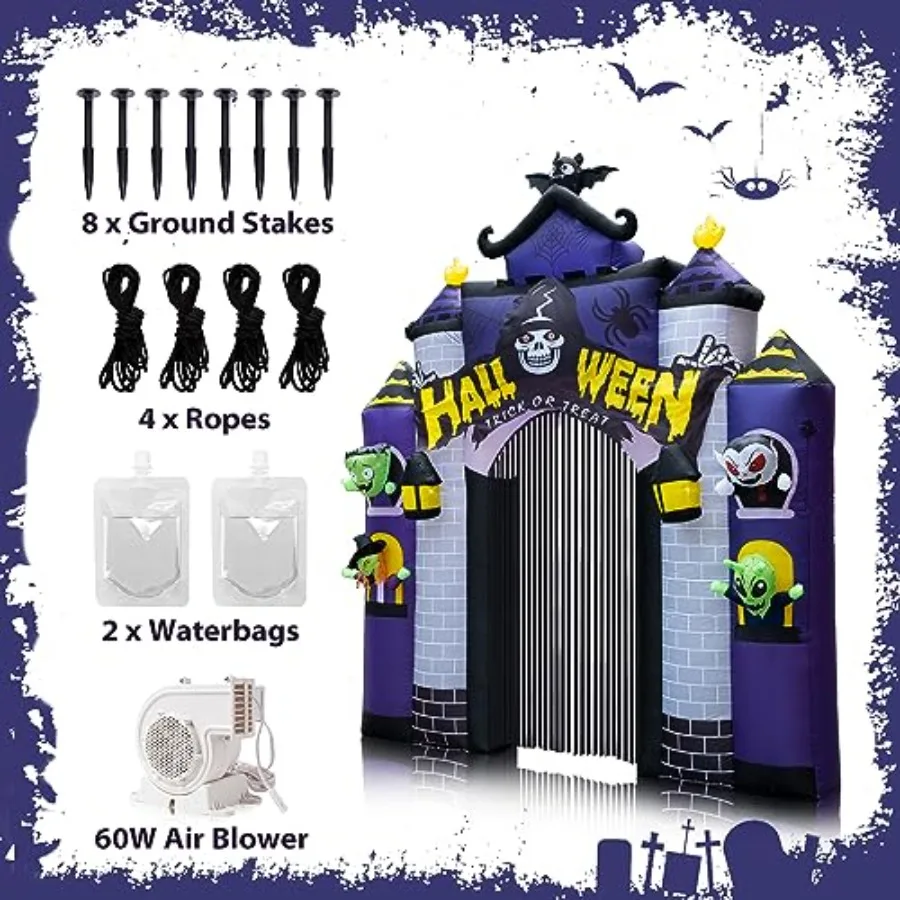 Halloween Opblaasbaar 2023 Kasteel 11.5FT met Deur LED Verlichting Spookhuis Boog voor Halloween Decoraties Outdoor Blow up Y