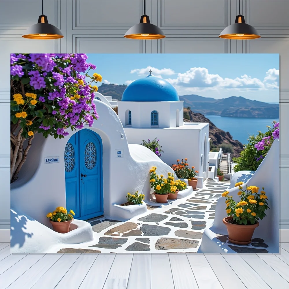 VIKAMA Griechenland Santorini Wandteppich, gemusterter Wandbehang für Heimdekoration, Wohnzimmer, Schlafzimmer und Arbeitszimmer, eleganter Hintergrund