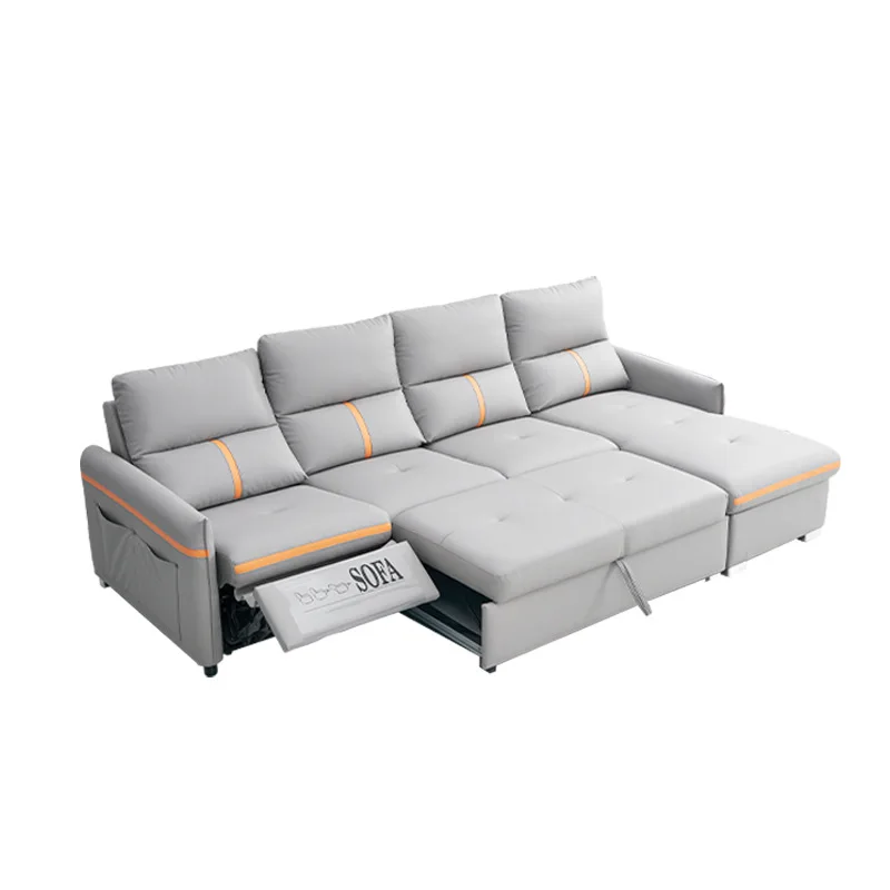 

A multifunctional sofa bed suitable for modern apartments, equipped with dual-purpose seats and a coffee table with a f