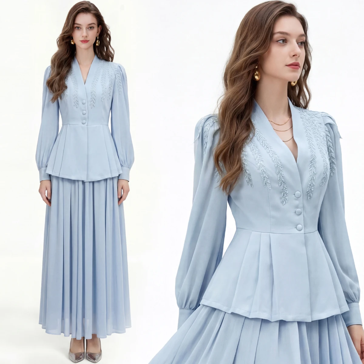 

Элегантный комплект с юбкой А-силуэта и топом с завышенной талией, украшенный стразами и 3D цветочным дизайном, для женщин, Весна 2026