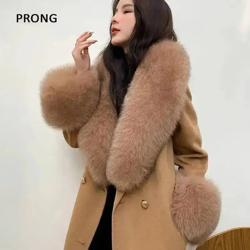 Conjunto de bufandas con cuello de piel de zorro auténtica, bufandas cálidas de lujo para invierno, chal, puños, abrigos, accesorios, bufanda de