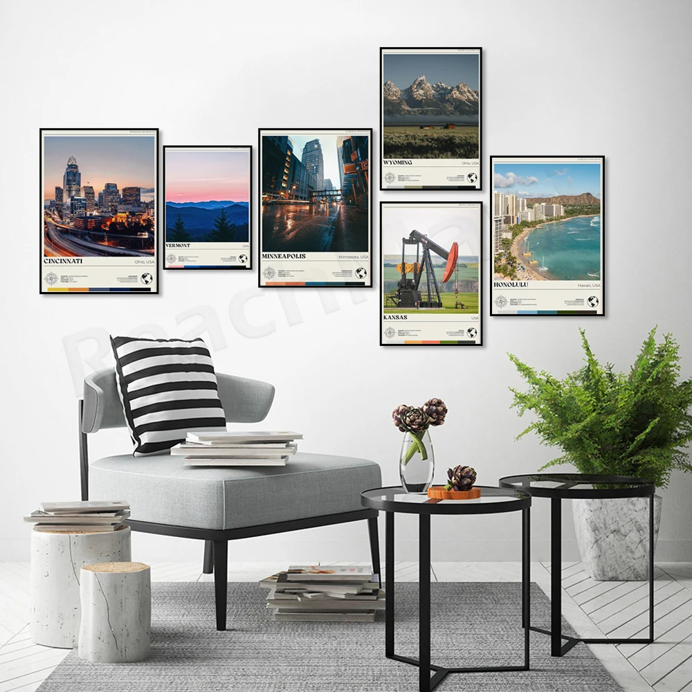 Cincinnati, Vermont, Iowa, Minneapolis, Virginia, Honolulu, Honolulu, Wyoming, Oregon, Illinois, Delaware USA travel poster