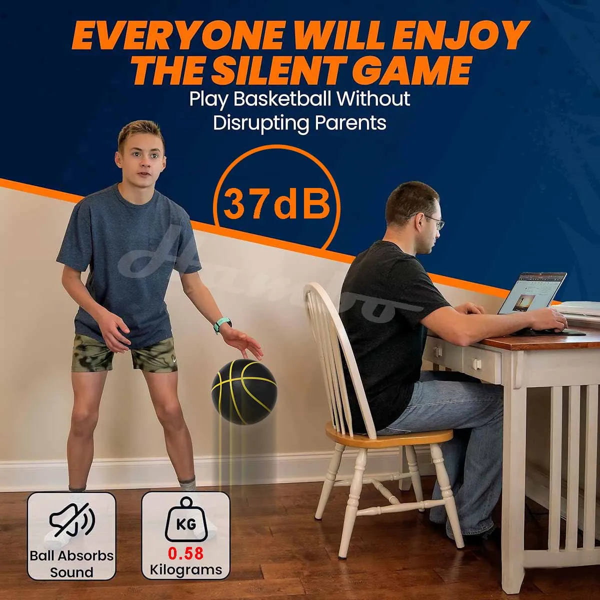 580G 무소음 농구공, 저소음 드리블 실내용 7호(29.5인치) PU 폼 에어리스 농구공, 실제 농구공 90%의 탄성감