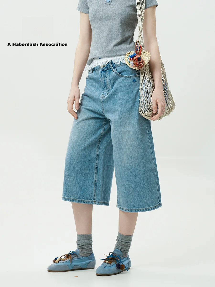 

Джинсы прямого кроя с низкой талией и широкими штанинами в американском стиле, повседневные, AHA Love Luxury Street Fashion, длиной 7/8, из хлопкового денима