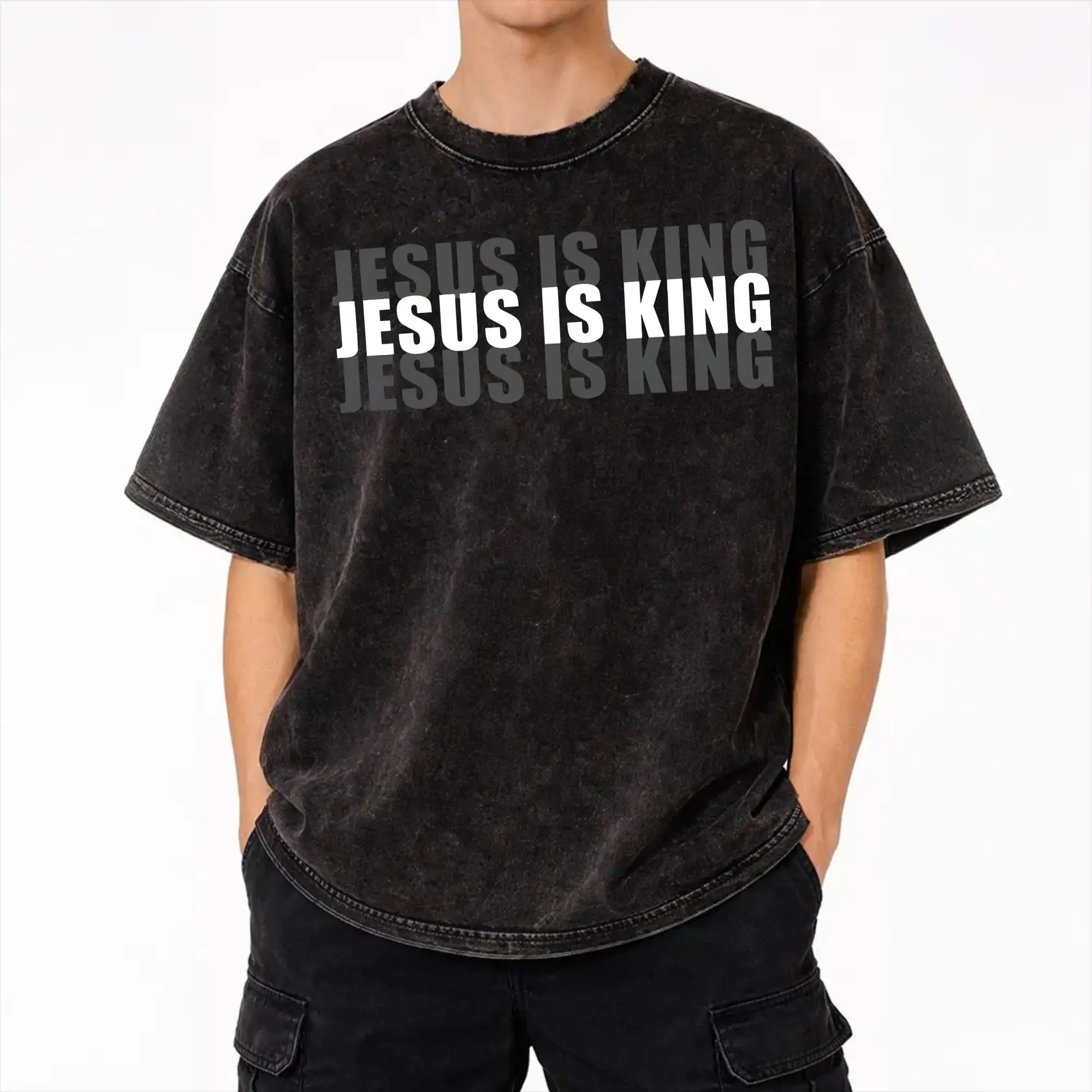 CHRISTIAN FAITH- JESUS IS KING  T Shirts Hip Hop Washed 100% Cotton Street T-Shirt  Vintage for Men Women Streetwear