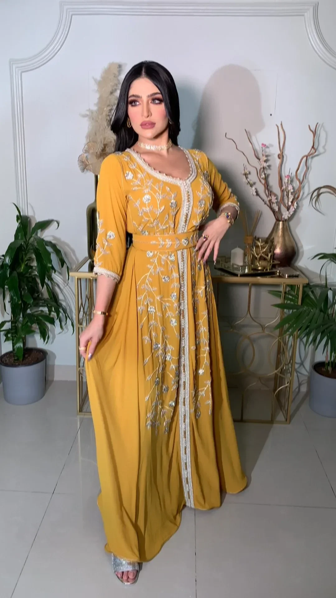 Elegant Eid Muslim Evening Party Jalabiya Marocain Dress Ramadan Arabic Yellow Embroidery Abaya Islamic Turkish Moroccan Kaftan