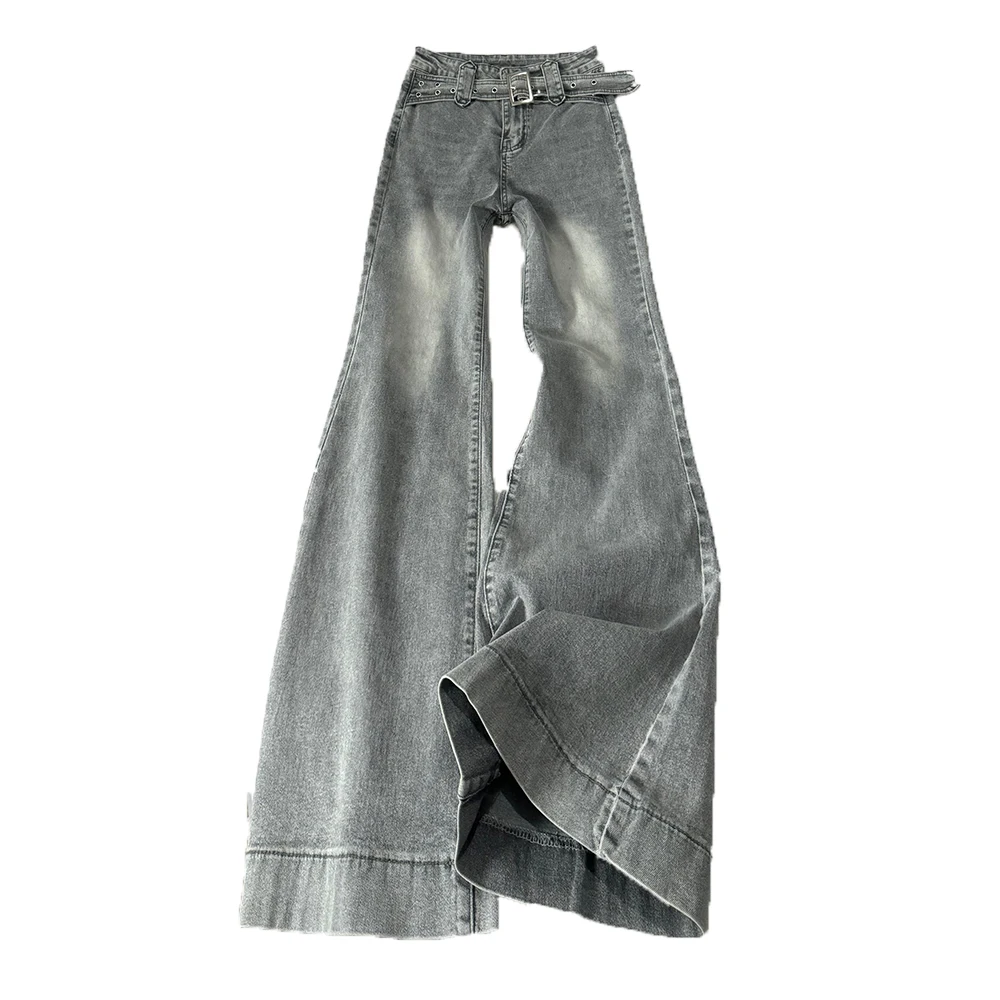 女性レトロ洗浄フレアジーンズアメリカンヴィンテージ秋ハイウエストグレーロングブーツカットパンツダメージデニムパンツストリート