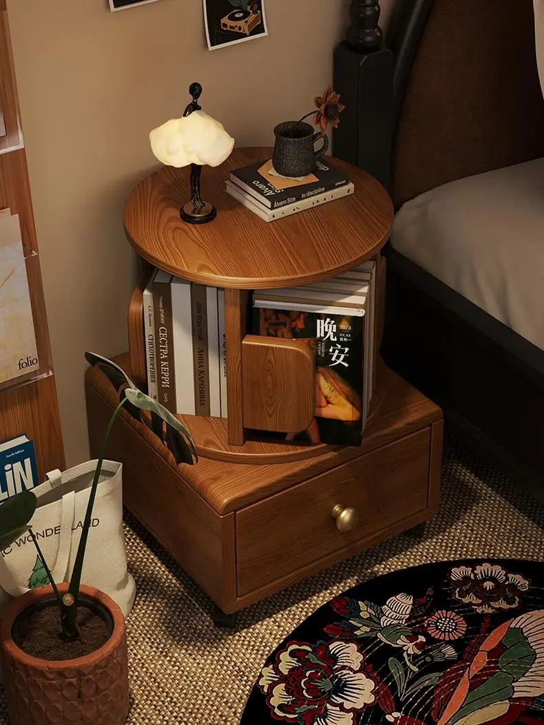 

Medieval small apartment solid wood 360-degree rotating bookshelf mobile storage large-capacity shelf