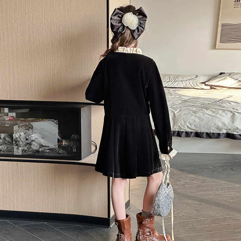 الخريف مدرسة بنات قطعة واحدة مجموعات المرقعة جولة الرقبة الأطفال الفتيات فستان الأميرة زر واحدة الصدر الاطفال الفتيات Derss #3