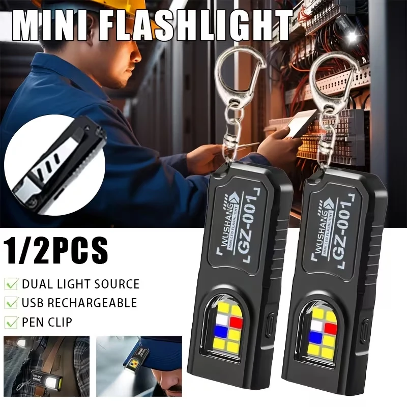 Mini Keychain Flashlight USB Rechargeable LED Work Light Red Blue Warning Clip On Pocket Light for Car Repair Camping Emergency