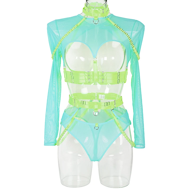 Sexy Gogo Dancer Costume Women Pole Dance Clothing Mesh Nightclub Costume Green Rave Set Festival Outfit Stage Wear DL9714