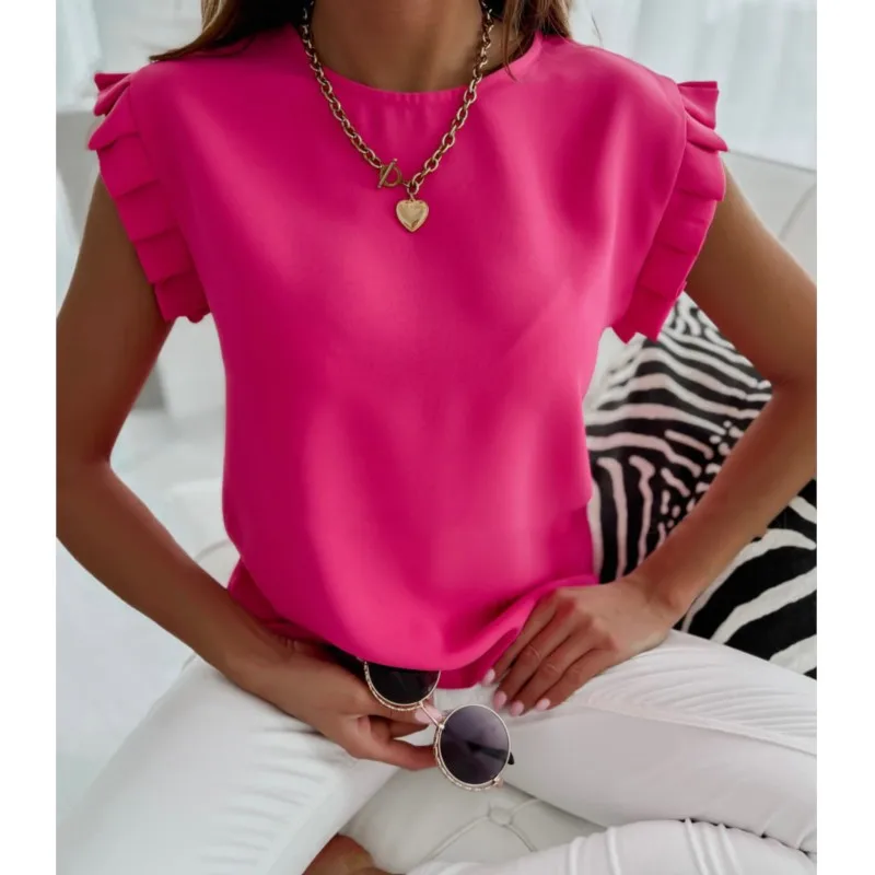 

Fashionable Women's Summer Short Sleeved Top With Round Neck And Loose Fitting Pullover Solid Color Pleated Shirt Women's Wear