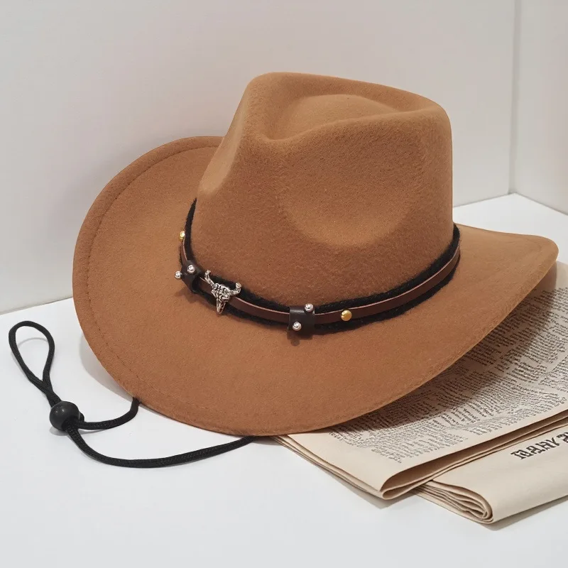 قبعة رعاة البقر الغربية برشام رأس الثور حافة منحنية قبعة الجاز مع قبعة حبل مقاومة للرياح قبعة اللباد في الهواء الطلق منع حبل الرياح قبعة الجاز #3