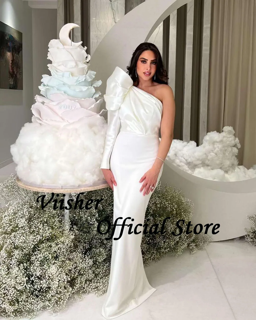 Viisher White One Shoulder Mermaid Evening Dresses Pleats Satin Bodycon Long Formal Prom Dress Floor Length Arabic Party Gown