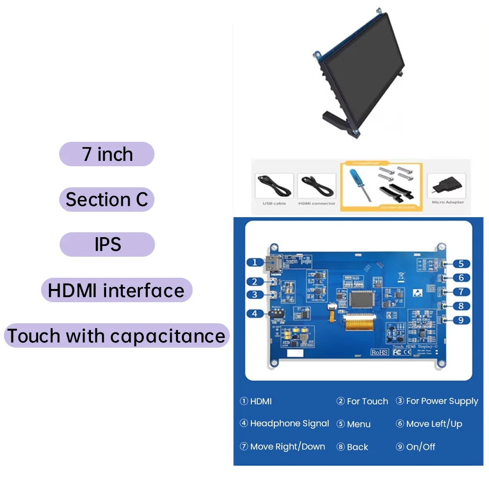 7 inch IPS HD 1024*600 LCD Display Raspberry Pi 3B 4B 5B HDMI VGA AV DC Interface with Capacitive Touch Chassis Secondary Screen