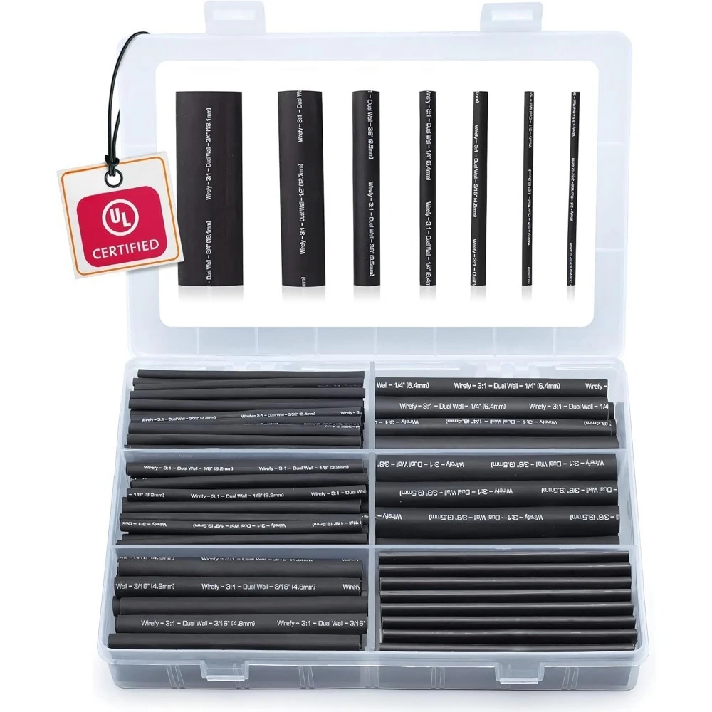 

180 Piece 3:1 Adhesive Lined Heat Shrink Tubing Kit Industrial Grade Black UL Certified