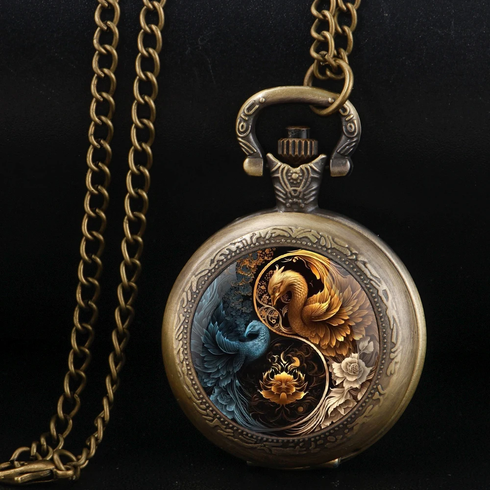 Vintage-Style Retro Yin and Yang Phoenix Exquisite Quartz Pocket Watch for Women Men Clock Watches Chain Jewelry Pendant Gift