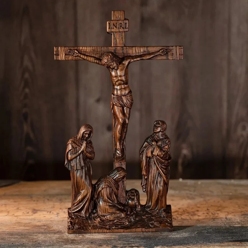 

Vintage Solid Wood Relief Crafts Jesus Hardship Scene Desktop Decorative Icon Crosses Ornaments