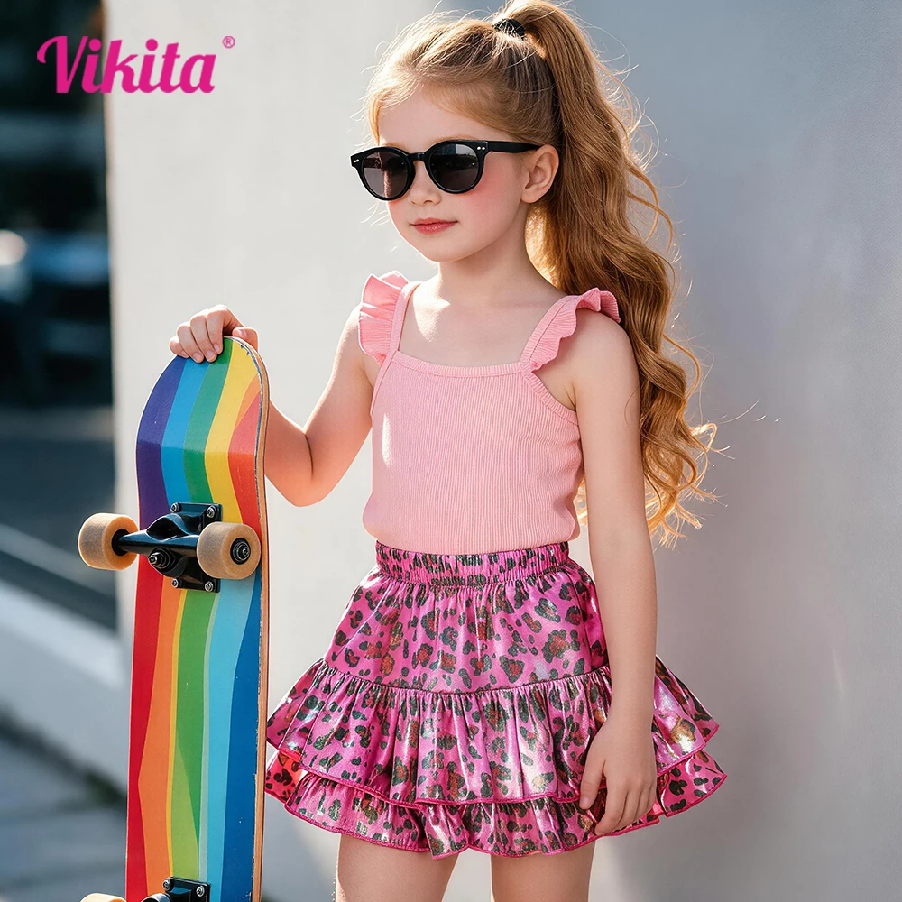 VIKITA Kinder-Rock mit Leopardenmuster, für Mädchen, Rosenrot, glänzend, gestuft, Rüschen, elastisch, für Tanz, Ballett, Party, Leistung, modische Miniröcke