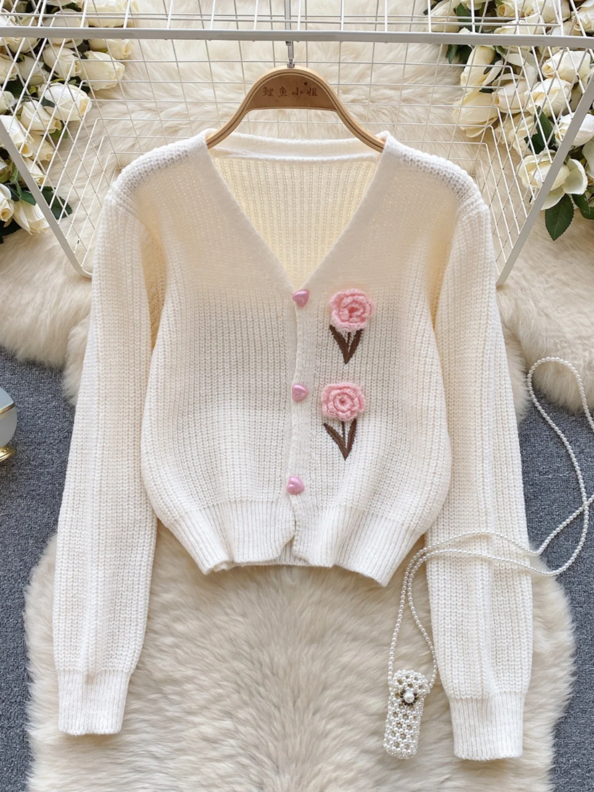 2025 New Women Korea Style V-neck Long Sleeve Knitted Sweater 3D Flower Embroidery Single Breasted Loose Short Cardigan Tops