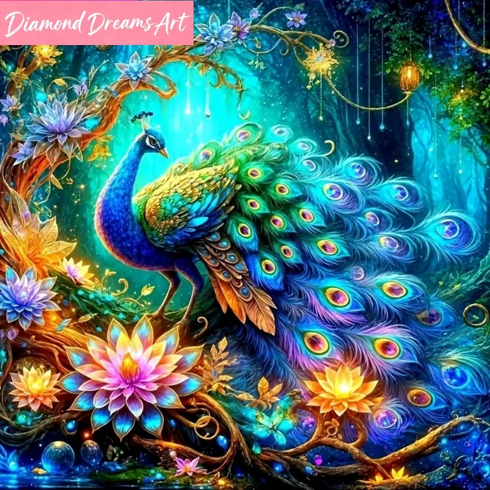 Pfau-Diamant-Mosaik Tierbild, Geeignet für Anfänger, DIY-Bastelset, Stickerei-Blumen, Neuerscheinung, Dekoration für Zuhause, Gerahmt