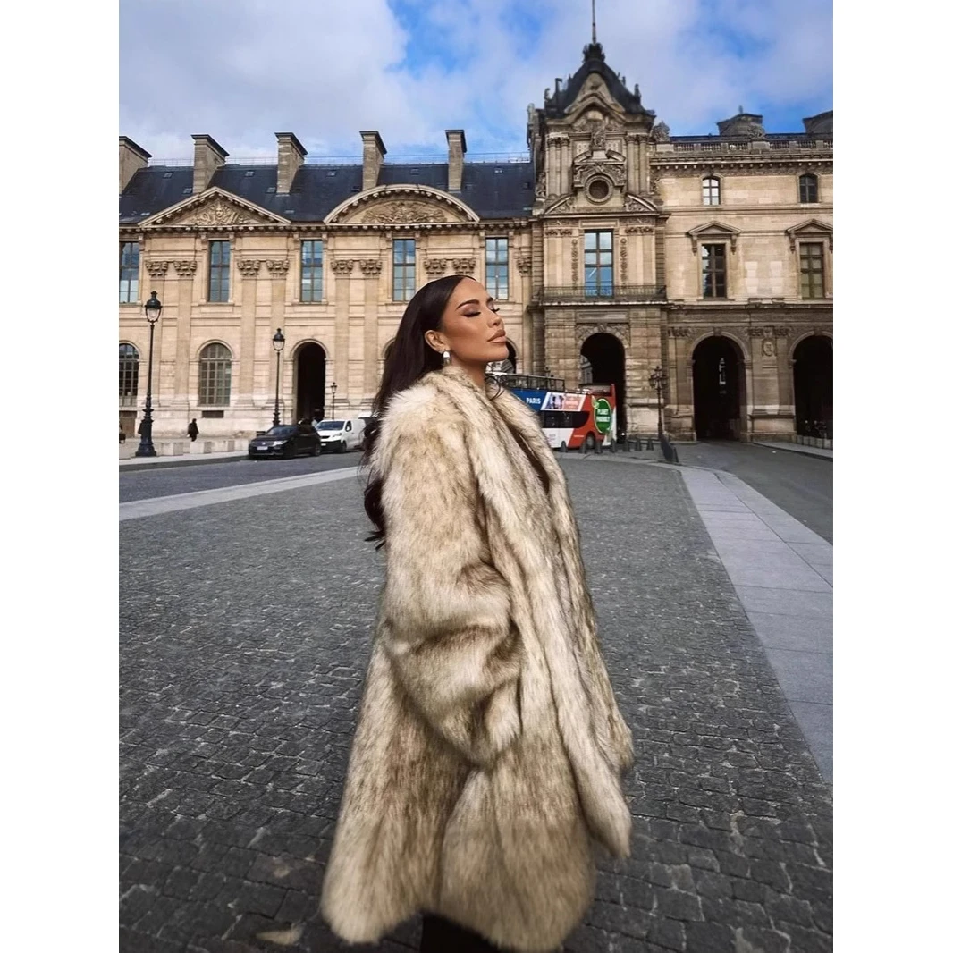 Street Style Mid-Length Artificial  Fur Coat Women's Autumn Winter Fashion Outerwear Long Sleeve One-Shoulder Design