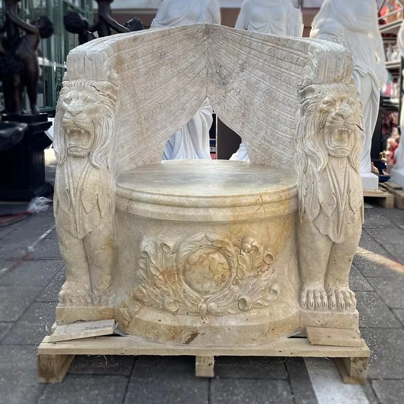 Luxury Natural Travertine Marble Hand Carved Outdoor Garden Decorative Chair with Lion Head Statue Bench