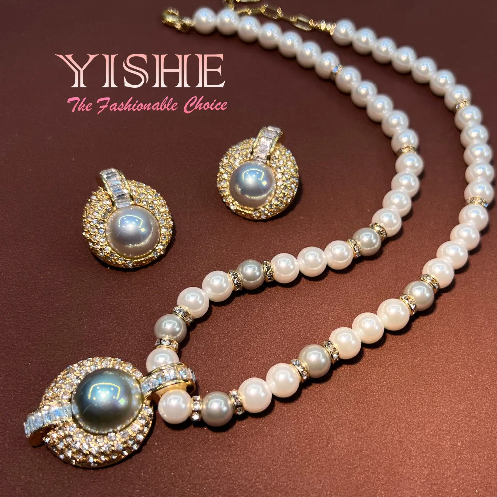 Turquoise Rhinestone Jewelry Set for Women Middle Ages Handmade Pearl Vintage Necklace Drop Earring Elegant Party Accessory