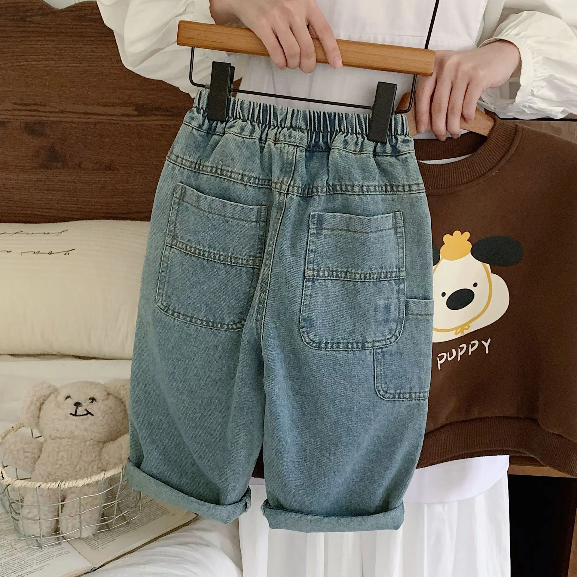 Children's Jeans for Spring, Summer, Autumn, and Winter, New Multi Pocket Straight Leg Casual Pants Sand Washed Pants