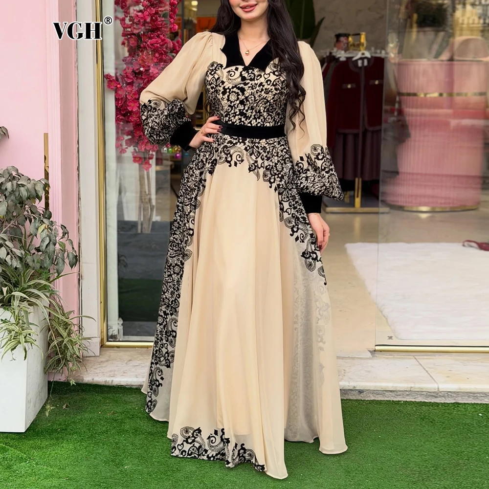 VGH Formelle Abendkleider: Aprikosenfarbenes Kleid mit schwarzer Spitze für Damen, asymmetrischer Reverskragen, Laternenärmel für romantische Vintage-Dates