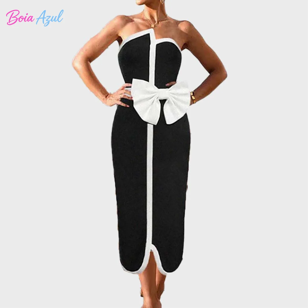 

Black and white contrast plunging one-piece swimsuit large bow asymmetrical swimsuit beach-style backless women's swimsuit