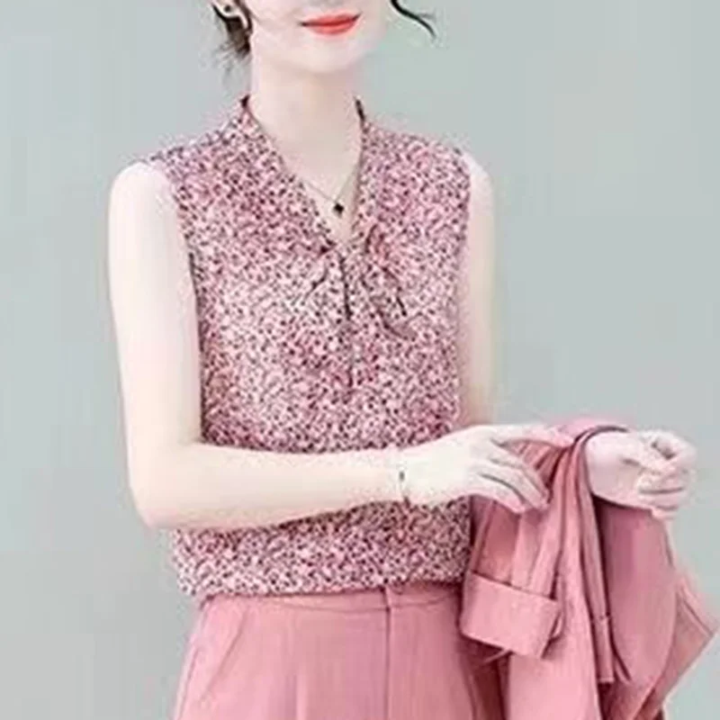 Elegant V-Neck Printed Loose Lace Up Bow Chiffon Blouse Women Clothing 2023 Summer New Casual Pullovers Sleeveless Korean Shirt