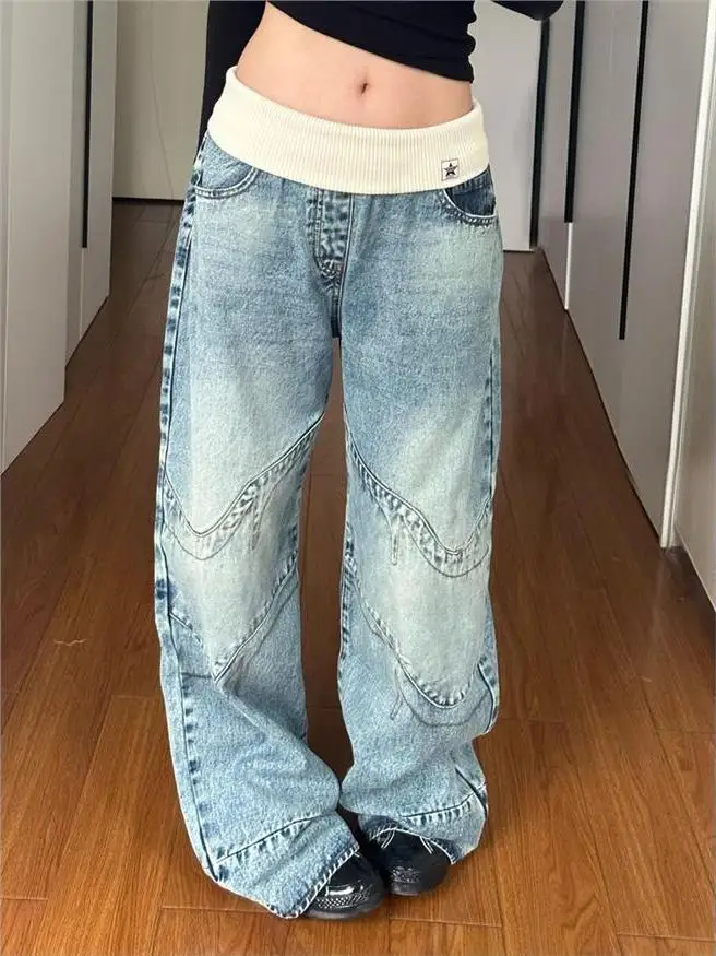 

Retro American Waist Straight Leg Jeans Women's Autumn Winter Loose High Street Design Sense Slimming Wide Leg Pants