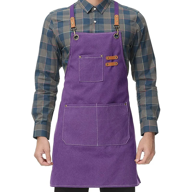 Новый холщовый кухонный фартук для мужчин и женщин, фартук для приготовления пищи шеф-повара с перекрестной спинкой, 3 кармана (фиолетовый)