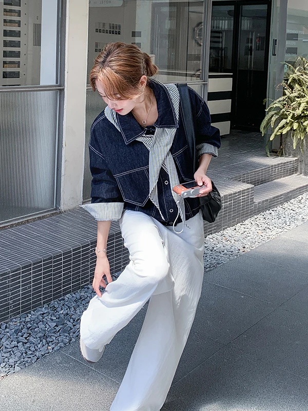 

Trendy Striped oulder Wrap Denim Jaet Women's ort Casual Versatile Jaet for Early Autumn Spring 2025 New Sle