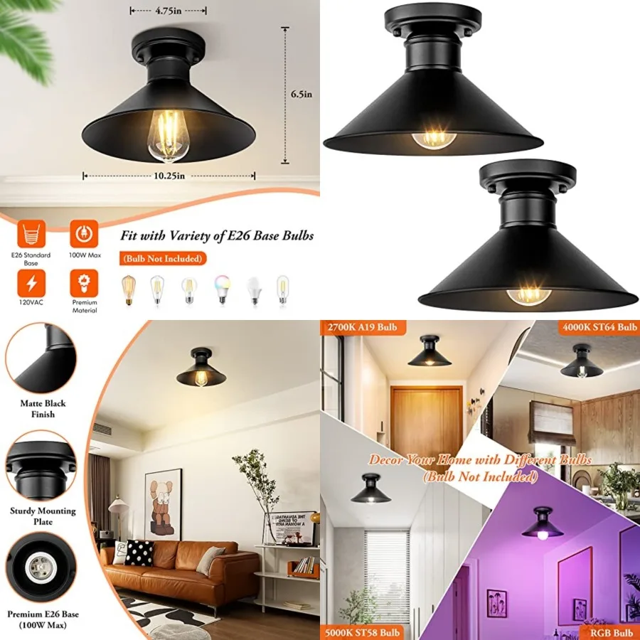 2-Pack Industrial Semi Flush Mount Ceiling Lights, Matte Black Farmhouse Light Fixtures, Close to Ceiling Lights for Kitchen, L