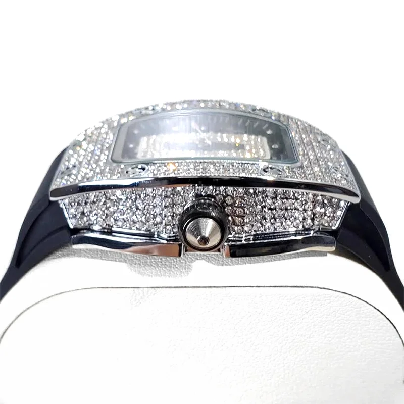 Hot Sell Luxury Diamond Watch Womens Elegant Ice Bling Quartz Watch Lady Fashion Sport Rubber Strap Rose Tonneau Wristwatch Gift