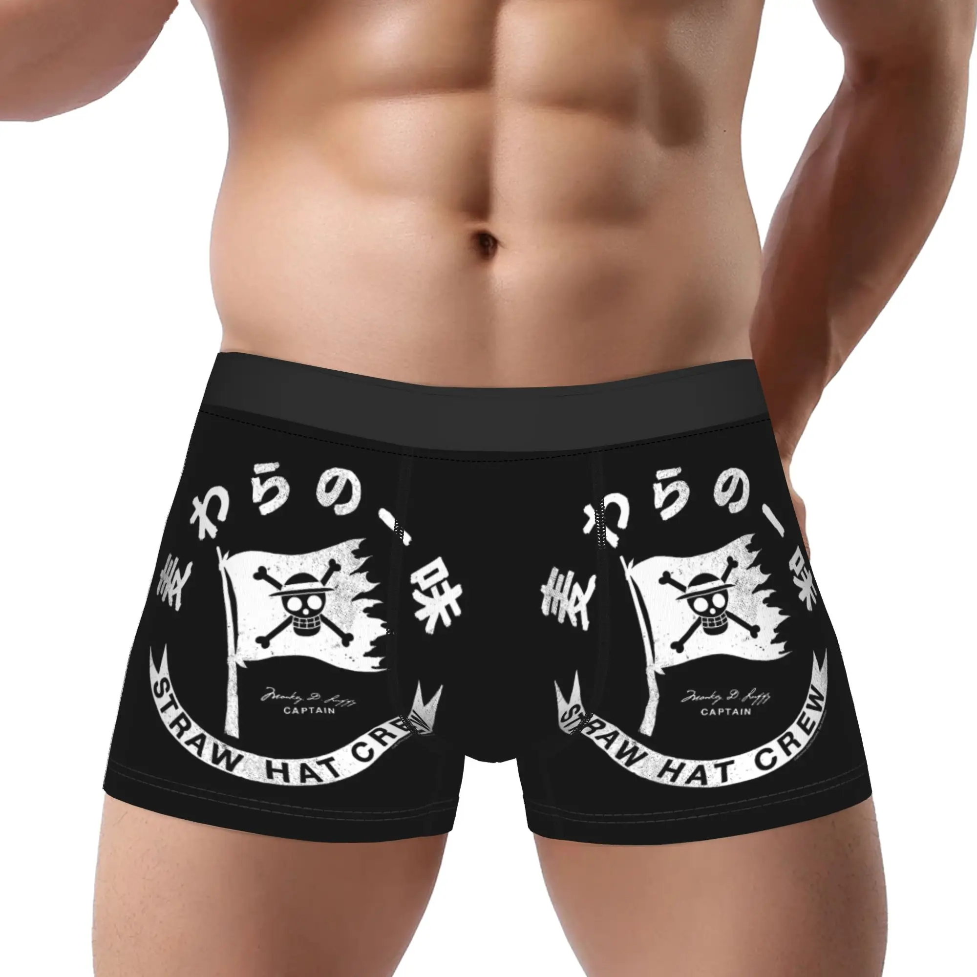 One Piece Anime Straw Hat Crew Flag with Kanji Underpants Homme Panties Male Underwear Shorts Boxer Briefs