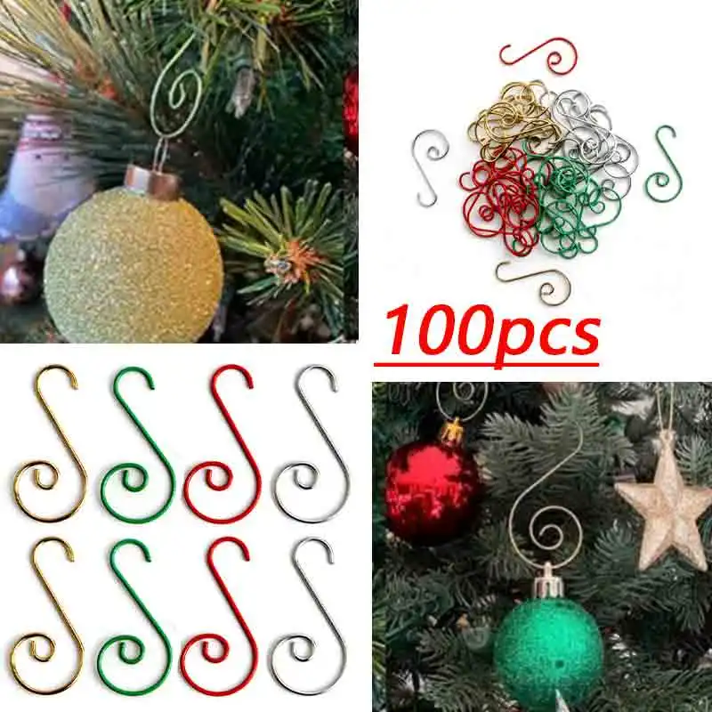 100PCS Christmas Ornament S-Shaped Metal Hook Holder Xmas Tree Balls Pendant Hanging Hooks New Year Party Decoration Supplies