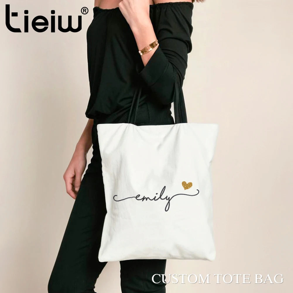 Custom Tote Bag With Name And Heart Personalized Canvas Shopping Bag Eco-Friendly Gift For Bridesmaid Wedding And Birthday