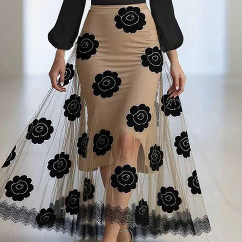 New Floral Print Lace Patchwork Mesh Long Dress Sexy Deep V Neck Elegant Party Dresses Woman Autumn Long Sleeve Vacation Dress