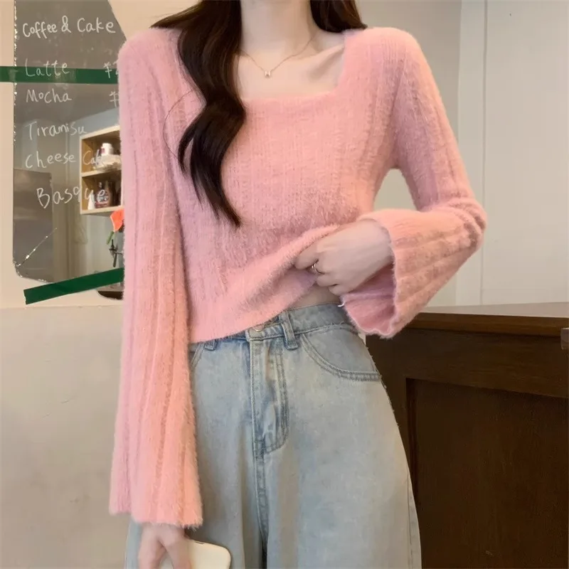 

Pure Desire Knitted Base Shirt Women's Short Sleeve Long Sleeve Square Collar Autumn Winter Inner Wear Fleece-lined Fashionab...