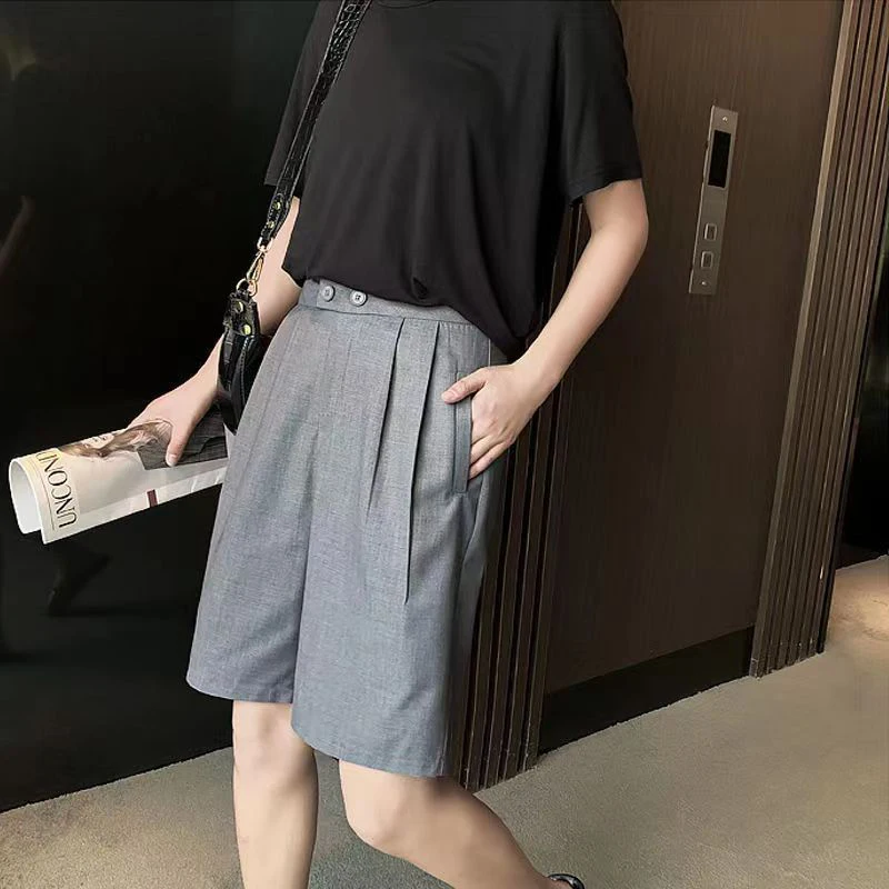 Korean Office Suits Shorts for Women Fashion Double-buttons High Waist Knee-length Pants Woman 2023 Summer Casual Short