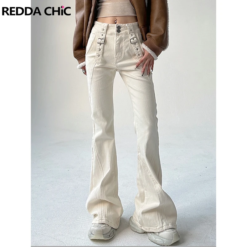 

REDDACHiC Belt Deconstructed Flare Jeans Women Solid Patchwork Retro Y2k High Rise Bootcut Pants Bell Bottoms Korean Streetwear