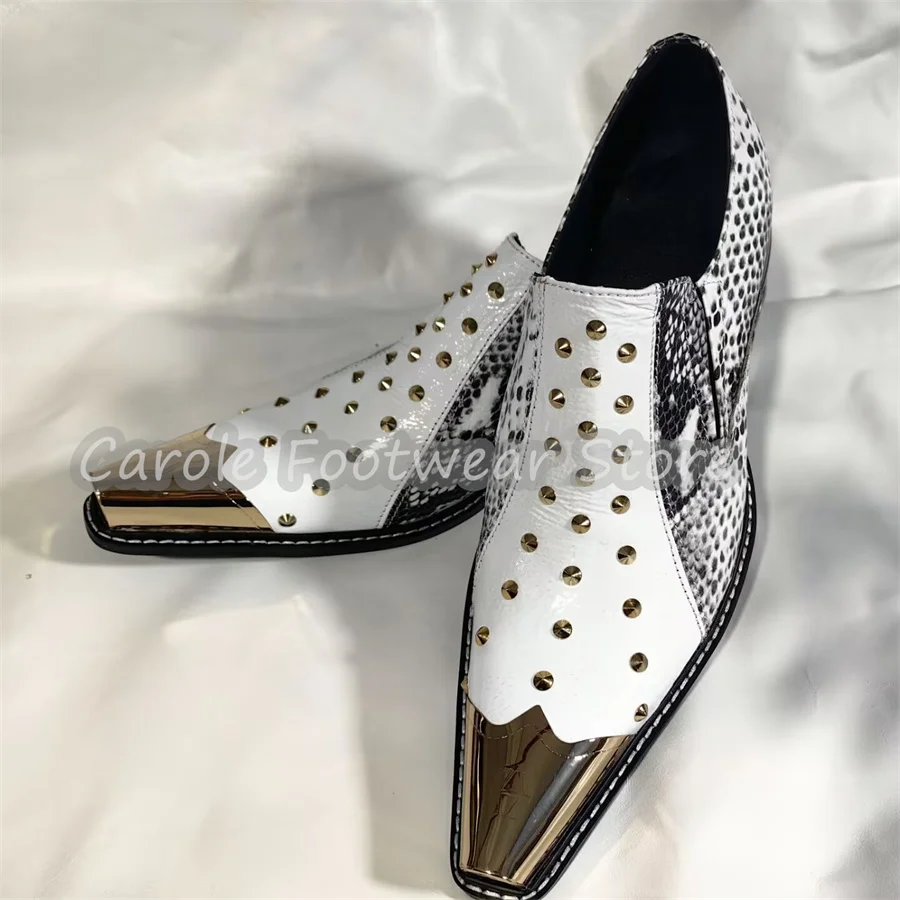

Punk Rivet Metal Pointed Toe Chunky Heel Loafers Male Mixed Color Splicing Genuine Leather Shallow Mules Business Dress Shoes