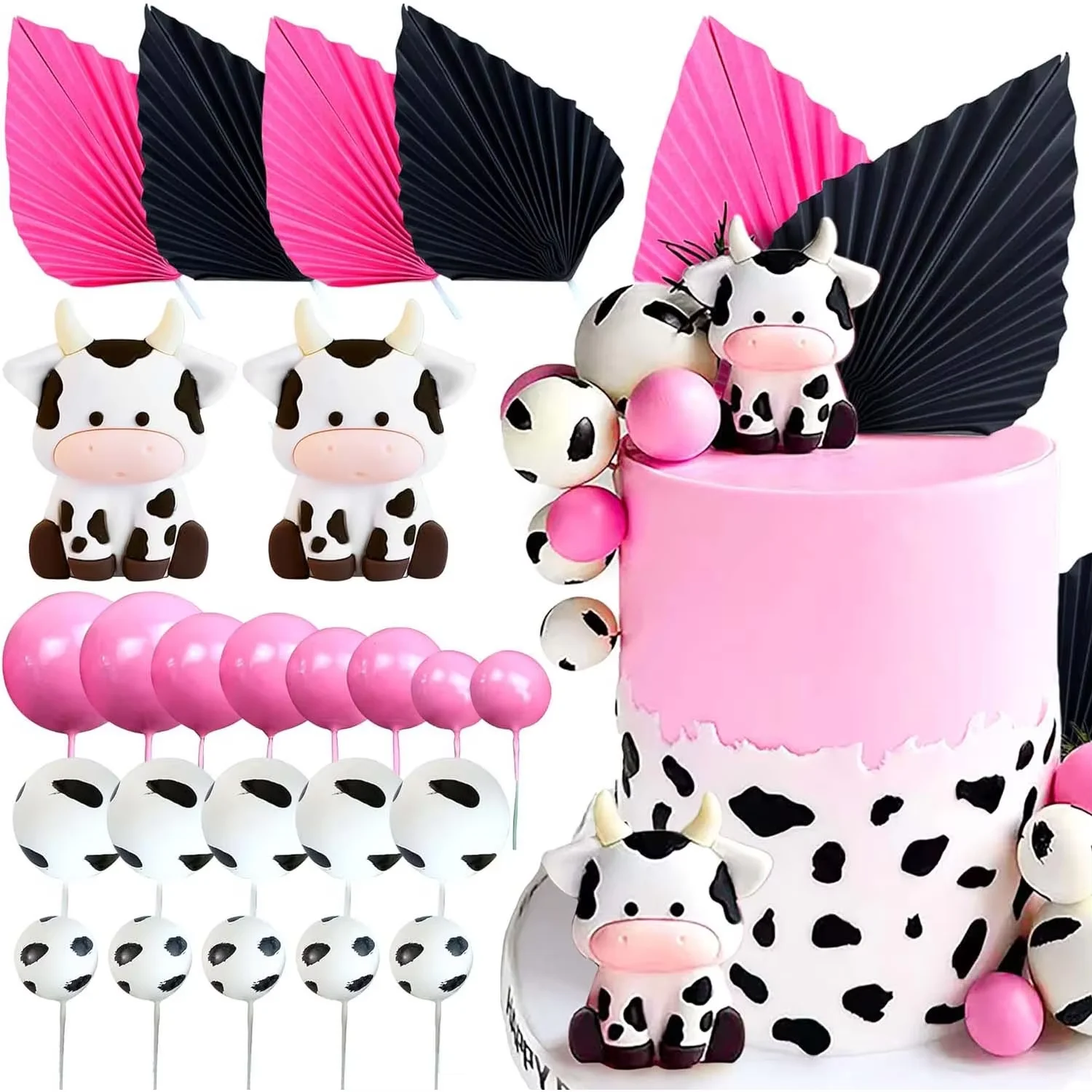 24 pièces décor de gâteau de vache Cowgirl décoration de gâteau d'anniversaire feuilles de palmier boules décoration de gâteau Barnyard ferme animaux décorations de fête d'anniversaire