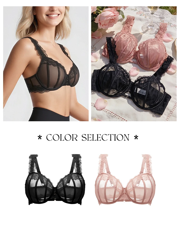 2026 Ultra Thin Mesh Bras Women Underwire Full Cup Size Lace Bra Unlined Minimizer Plus-size Bra Women's Intimates
