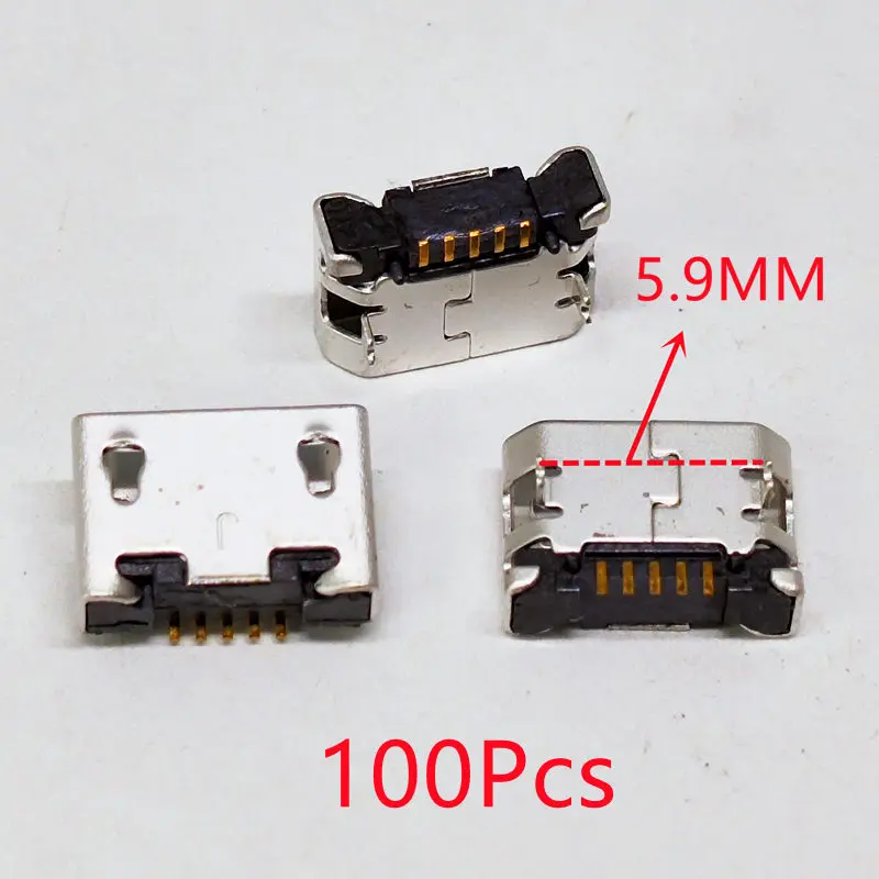 100Pcs Micro USB Flat Mouth 5.9/6.4/7.2mm 5Pin SMT Tail Charging Connector For Smartphone Mobile Phone Charging Socket Port 5P